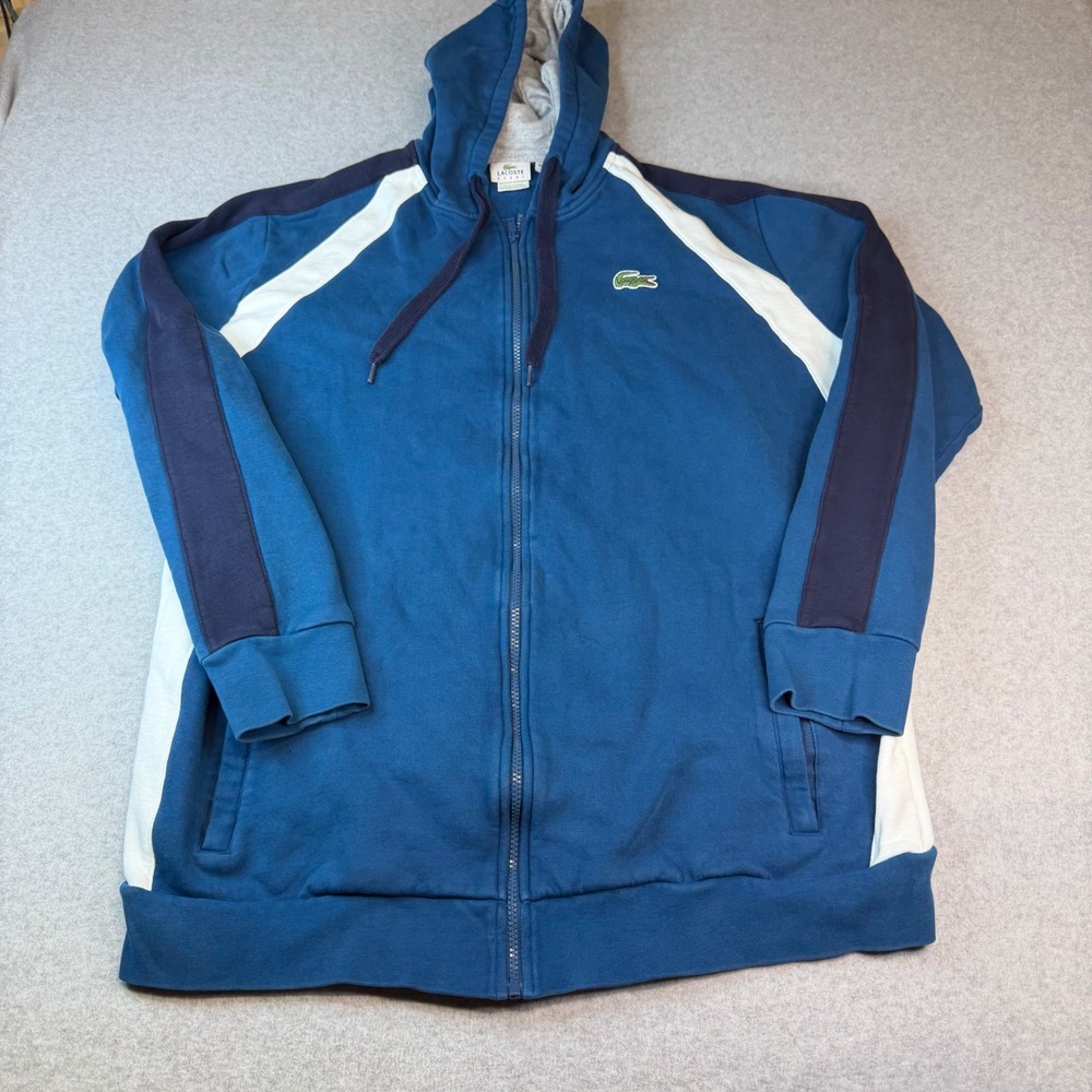 Lacoste Sport Mens Blue Full Zip Hoodie Stripe Sleeve Logo Sweatshirt Size 9L